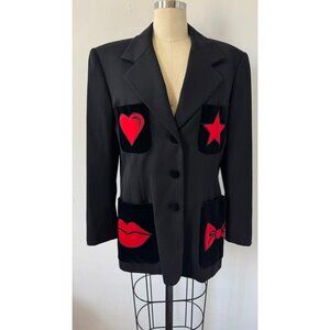 ESCADA Vtg Black Wool Velvet Red Motif Lips Heart Blazer 80s Sz 40